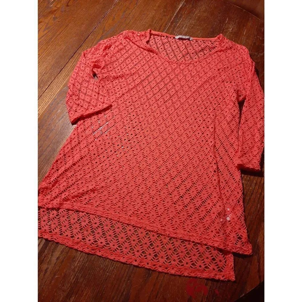 XL Valerie Stevens Orange Coral Loose Knit 3/4 Sleeve Top Shirt Blouse Stretch